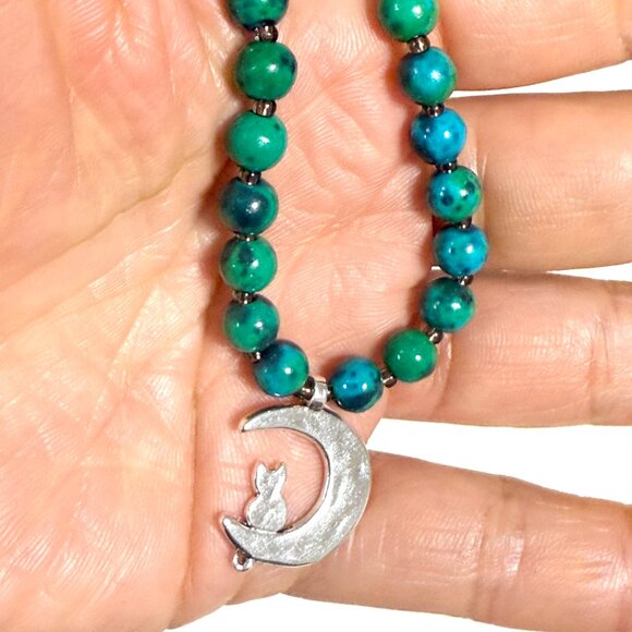 Teal Chrysocolla Short Necklace, Genuine Gemstone & Silver Cat on the Moon Charm - Picture 13 of 13
